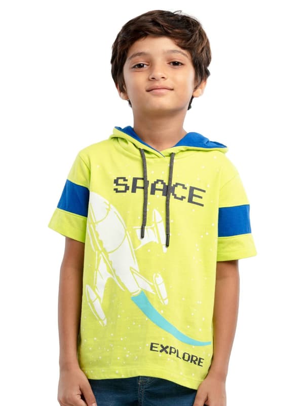 Boys Half Sleeve Hooded T Shirt With Print On Ches